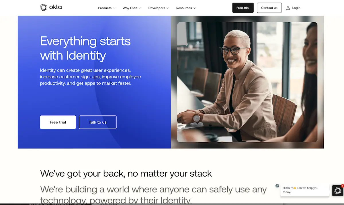A screenshot of Okta's home page