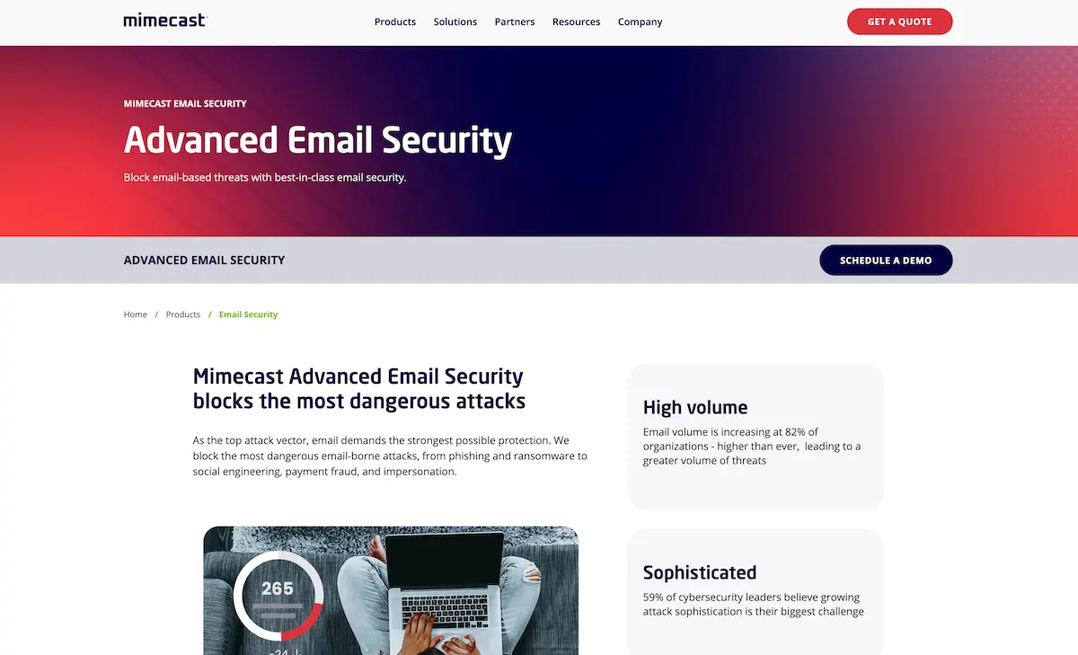 A screenshot of mimecast's website
