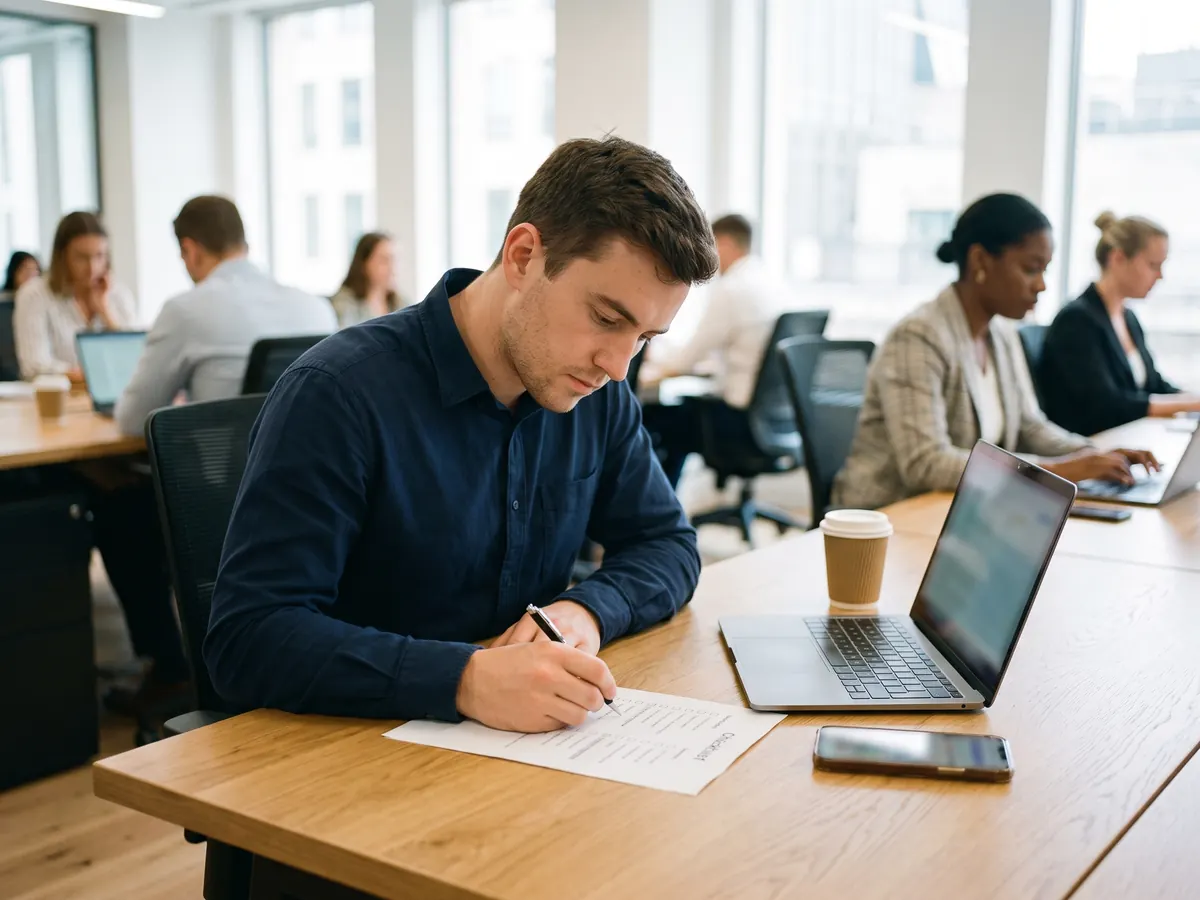 An IT compliance expert looking through documents