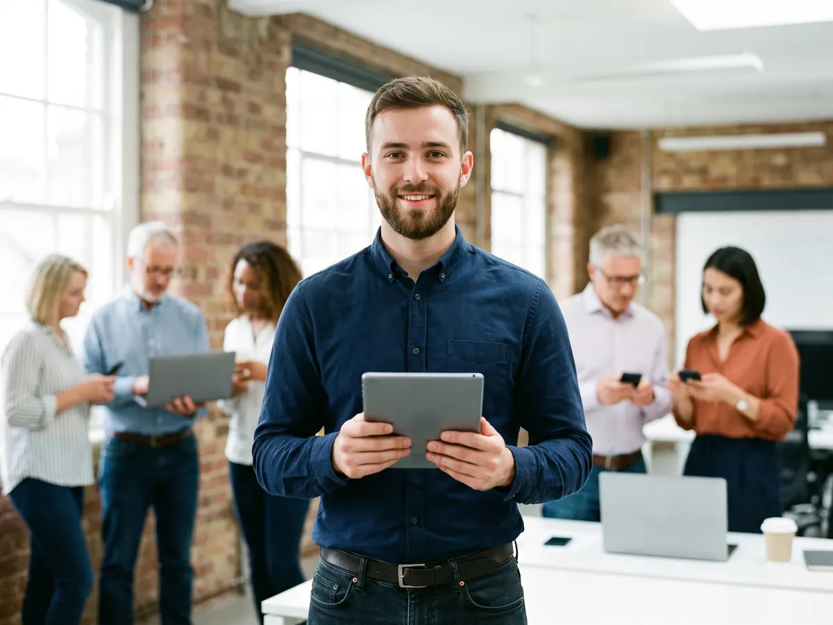 A business owner smiling while using an iPad tablet device