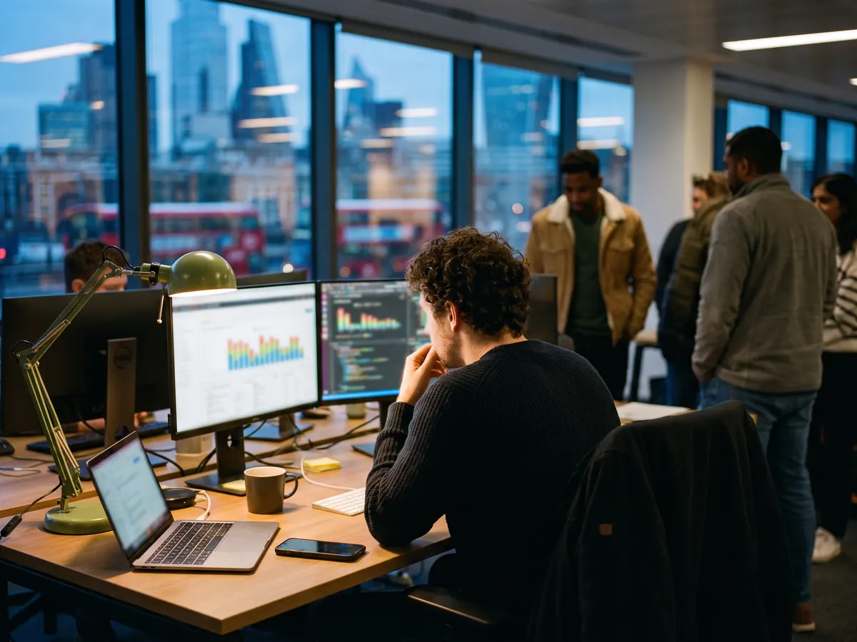 An engineer at a desk in the evening, monitors glowing