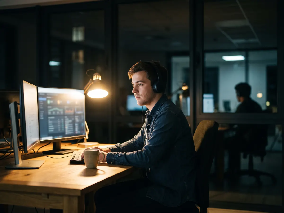 An IT support engineer working on a computer in a clients office