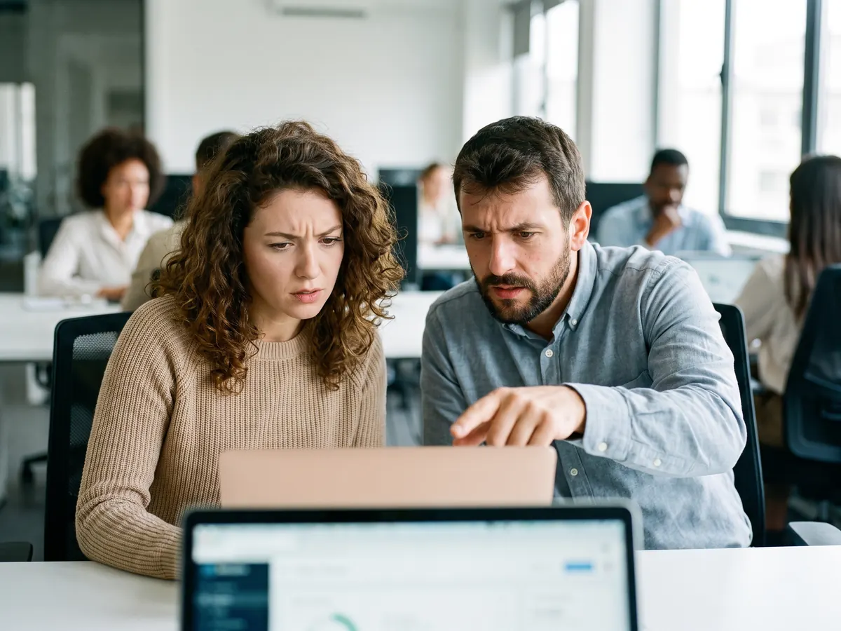 Two office workers looking at something concerning on their laptop screen