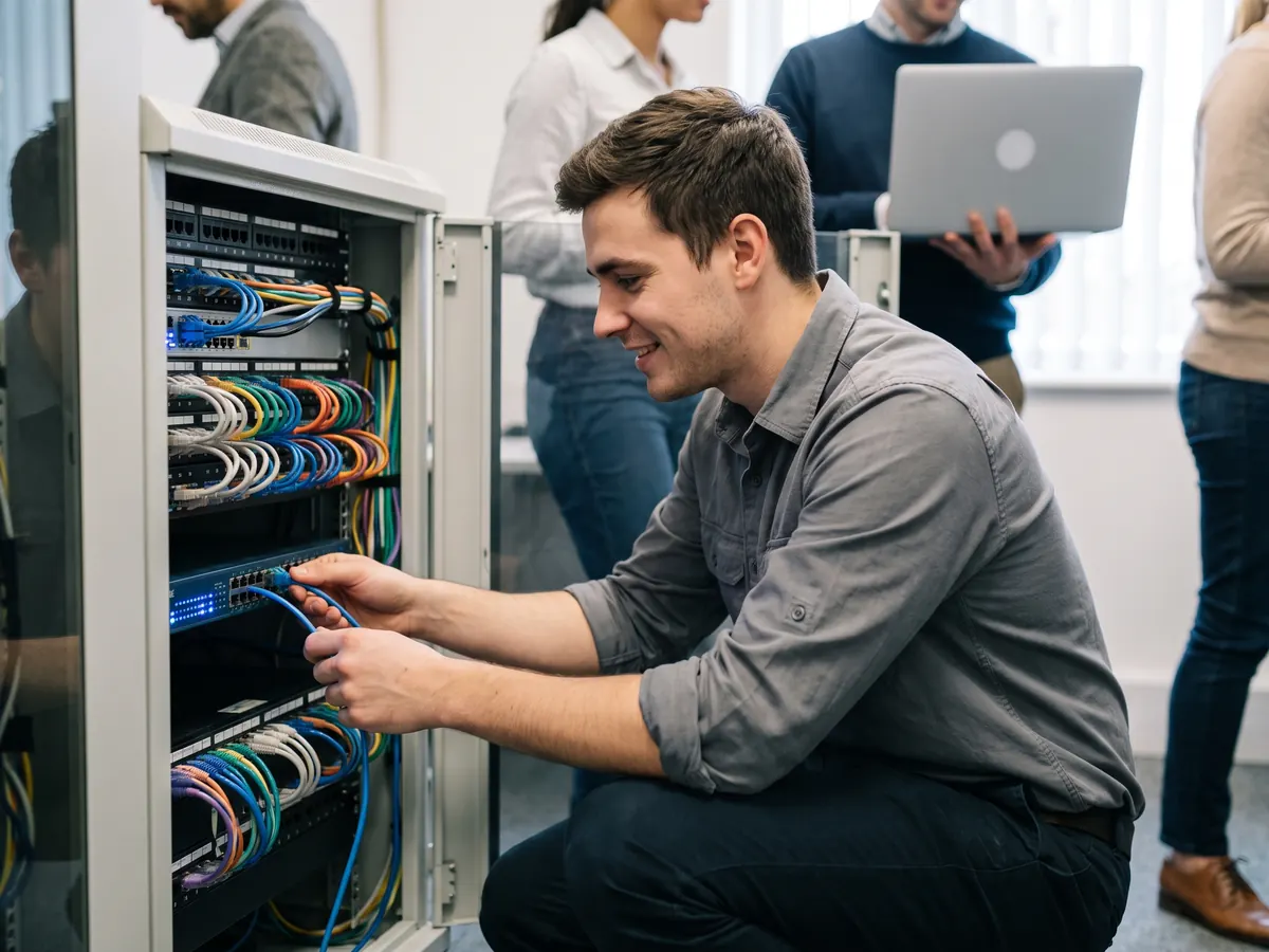 A IT infrastructure engineer patching in cables in a server room