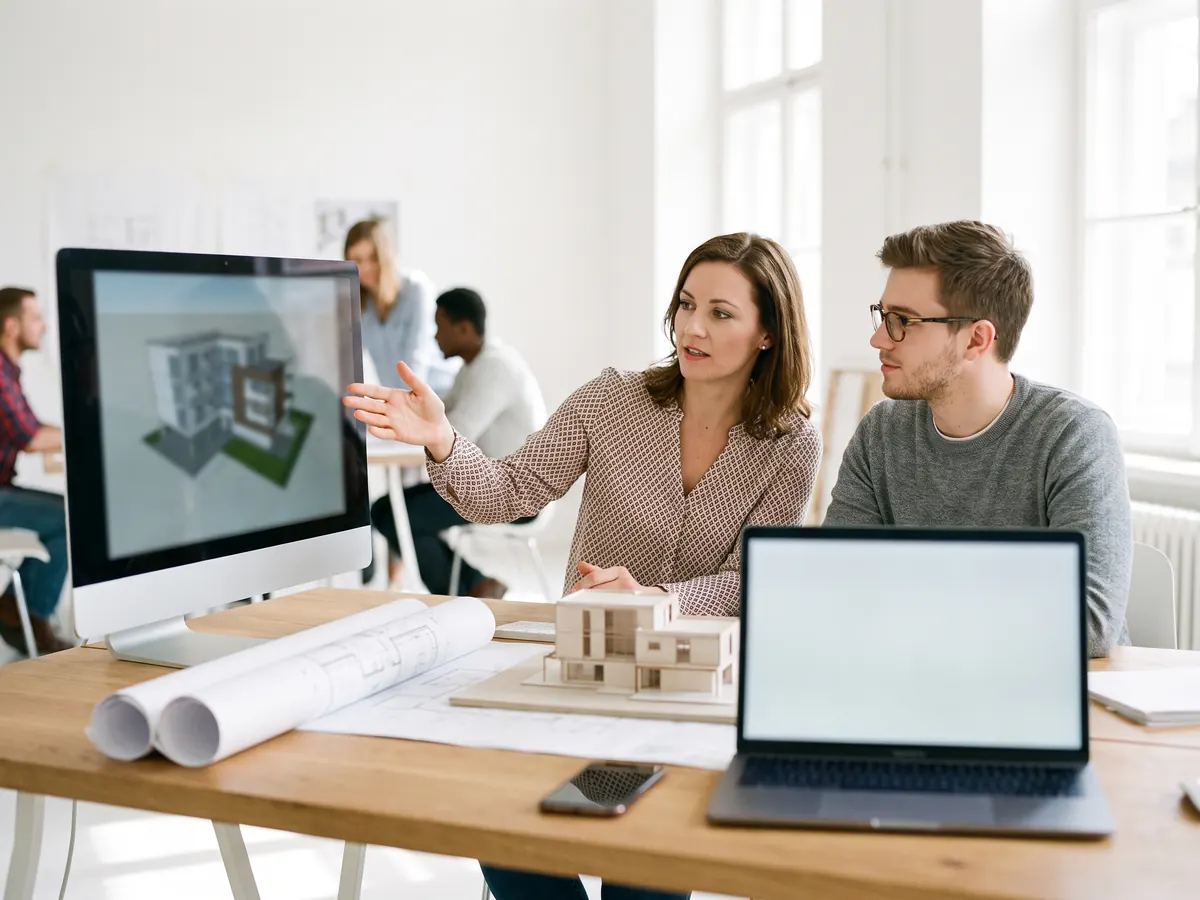 Two architects discussing a drawing on a table with a team of architects working in the background