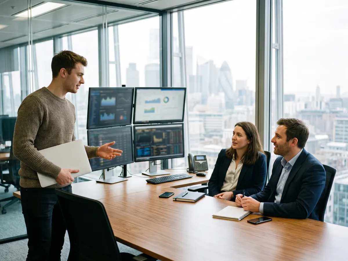 A team of financial experts in a meeting discussing a project