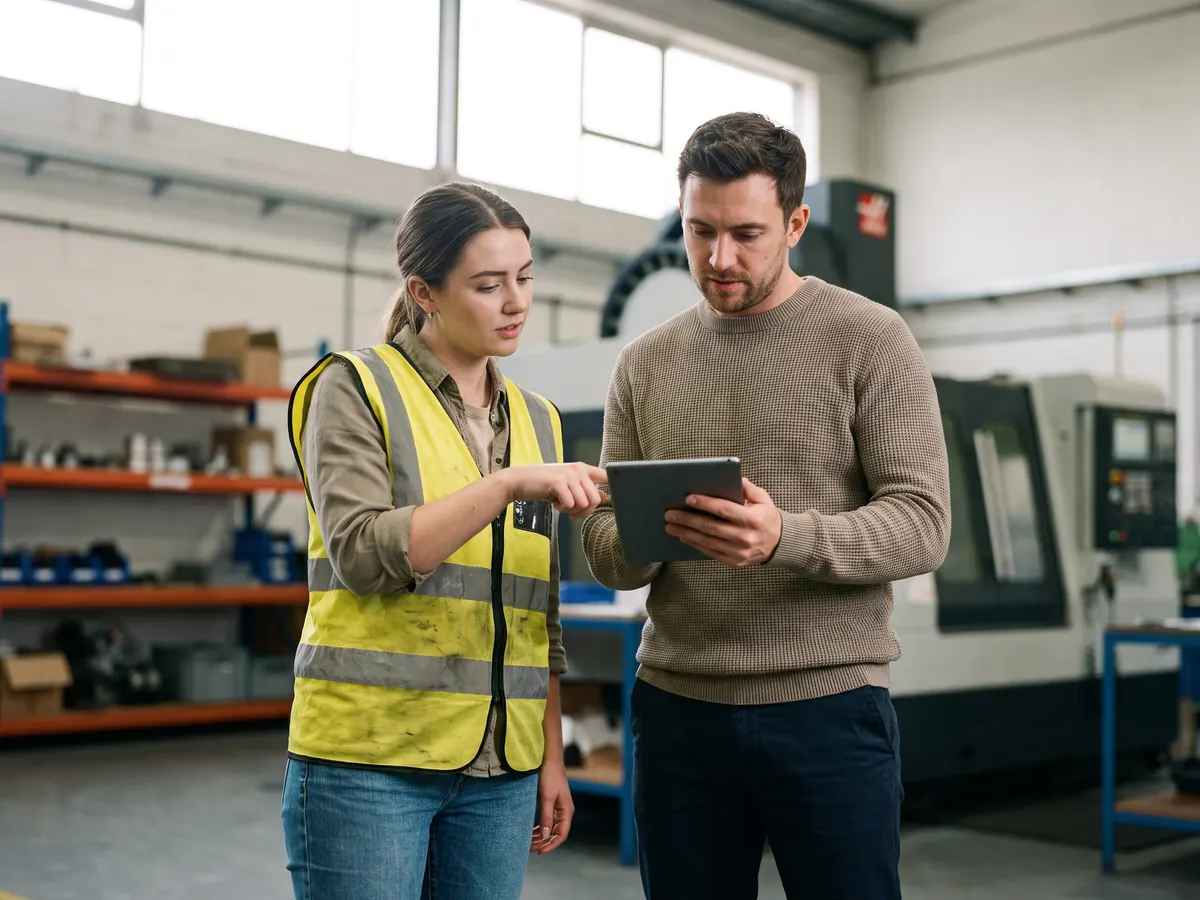 Two engineers discussing parts that they're manufacturing