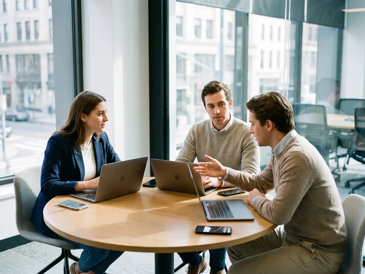 A group of professionals in a meeting and smiling whilst reviewing paperwork.