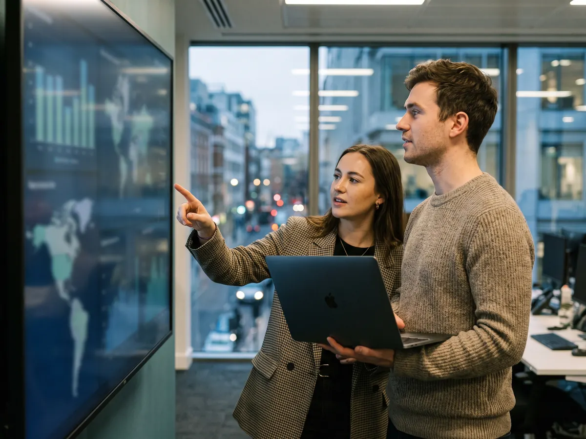 Two cyber security experts discussing something they've found on their computer screen
