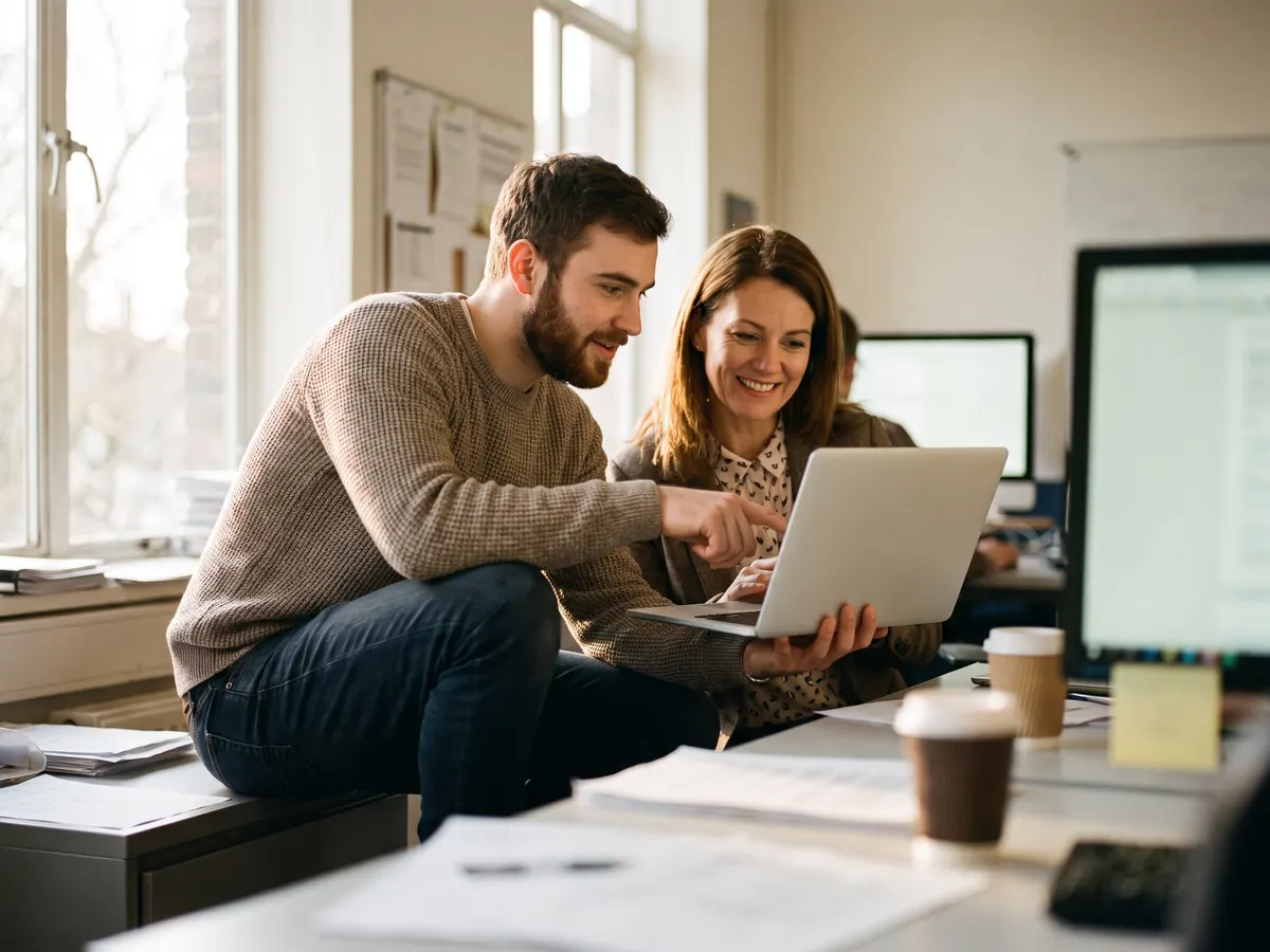 An IT engineer working with a client to solve a problem in an office with bare brick walls