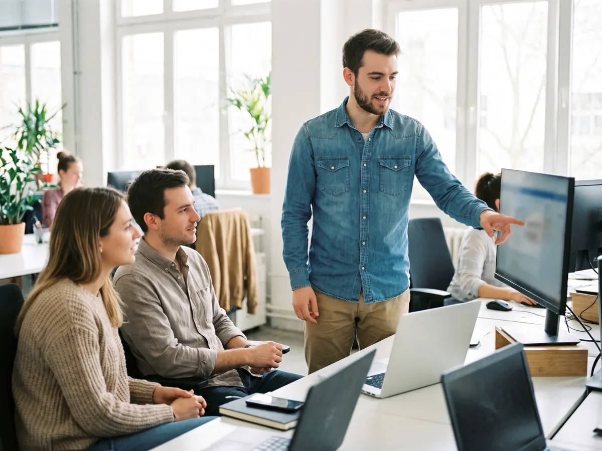 An IT engineer working together with staff members to solve a problem