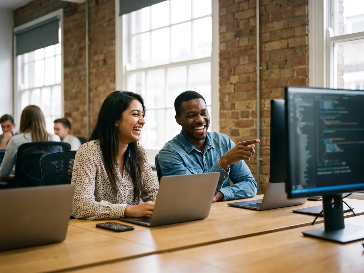 A lady and man sharing a laugh while working behind computer screens