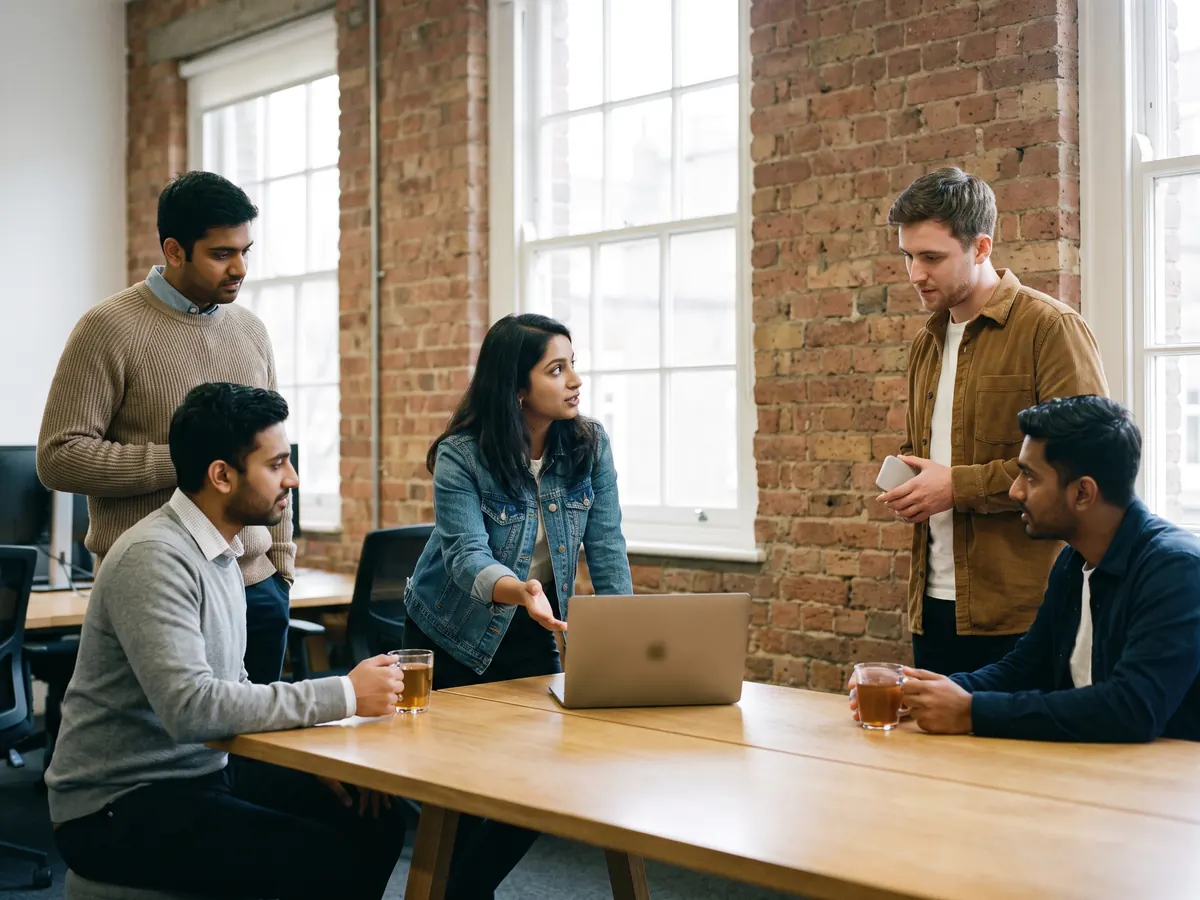 An IT project manager discussing a plan with her team