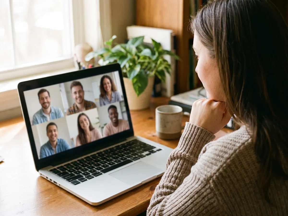 An office worker smiling whilst using her laptop to connect to hosted desktop services